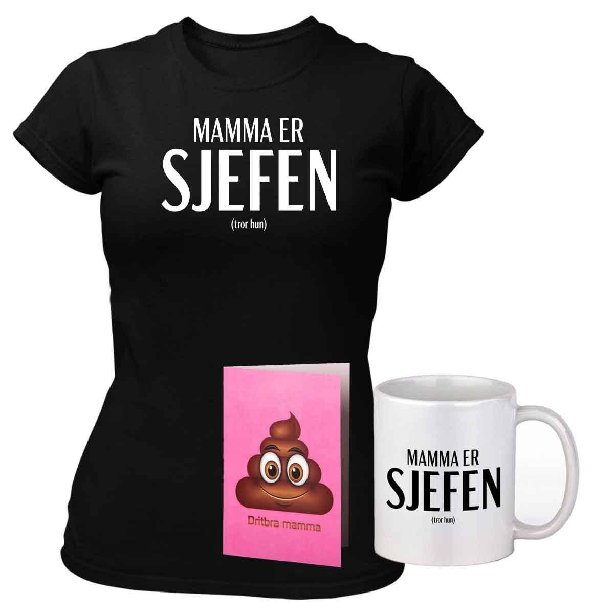 Mamma er Sjefen Morsdagspakke (T-skjorte + Kaffekopp + Kort)